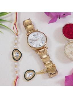 I Jewels - Kundan & Pearl Bhaiya Bhabhi Rakhi with Roli Chawal & Unique Watch Charm