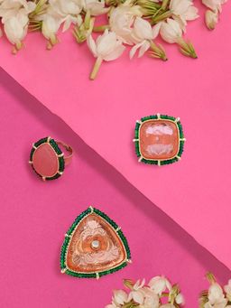 Zaveri Pearls - Set of 3 Pink and Green Stones Beads Traditional Finger Rings-ZPFK15407
