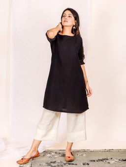 Missprint - Black , Off White Linen Kurta Set