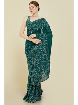 Soch - Women Teal Georgette Embroidered Saree with Unstitched Blouse