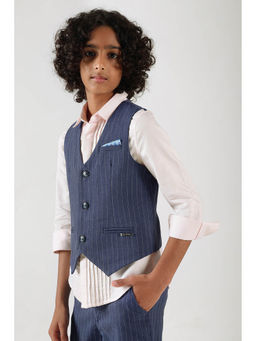 One Friday - Boys Blue Slim Fit Sleeveless Striped Waistcoat