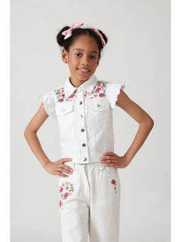One Friday - Girls White Regular Frill Sleeve Solid Shirt