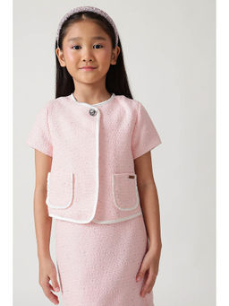 One Friday - Girls Pink Regular Fit Short Sleeve Textured Jacket