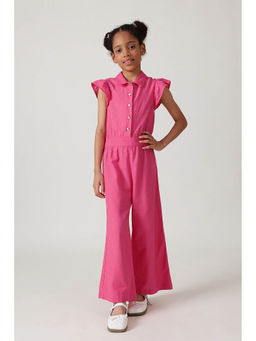One Friday - Girls Pink Regular Fit Frill Sleeve Solid Jumpsuit