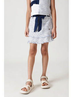 One Friday - Girls Navy Blue Regular Fit Textured Skirt with Belt