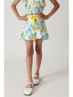 One Friday - Girls White Printed Skirt with Belt