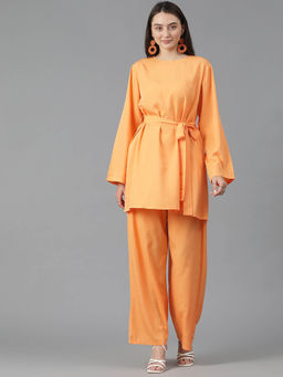 KOTTY - Womens Fashion Crepe Fabric Saudi Abaya Co-Ord Orange (Set of 3)