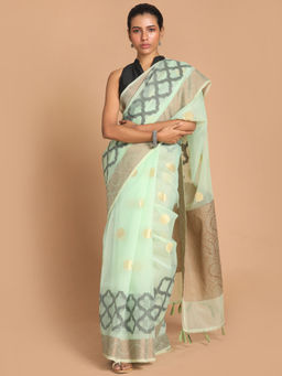 Indethnic - Banarasi Pista Woven Design Party Wear Saree With Unstitched Blouse