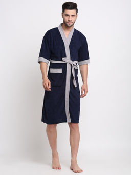 Creeva - Unisex Micro Terry Navy Blue Soft and Lightweight Kimono Style Bath Robe