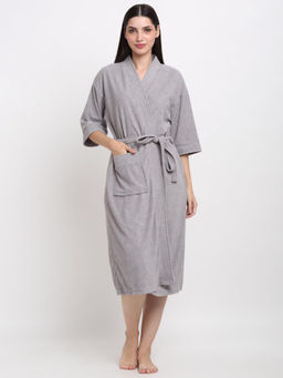 Creeva - Unisex Micro Terry Grey Soft and Lightweight Kimono Style Bath Robe