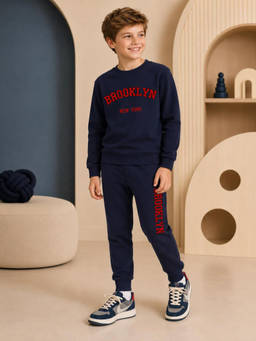 Nusyl - Navy Blue Typography Cotton T-Shirt and Joggers