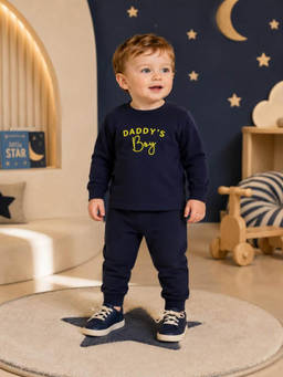 Nusyl - Navy Blue Typography Cotton T-Shirt and Joggers