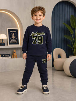 Nusyl - Navy Blue Typography Cotton T-Shirt and Joggers