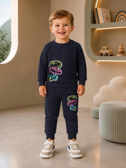 Nusyl - Navy Blue Printed Cotton T-Shirt and Joggers