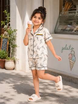 Slumber Jill - White Printed Satin Shirt and Shorts