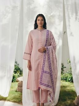 MAAND - Womens Pure Cotton Solid A-Line Pink Kurta and Pant with Dupatta