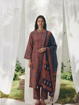 MAAND - Womens Cotton Blend Printed A-Line Rust Kurta and Pant with Dupatta