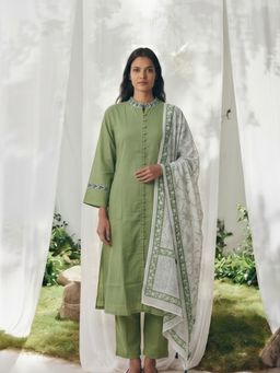MAAND - Womens Pure Cotton Green Kurta and Pant with Dupatta