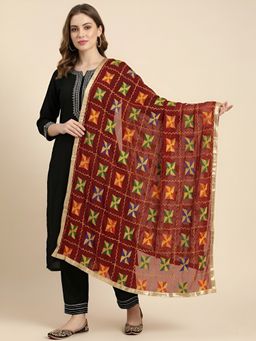 MUFFLY - Maroon Premium Embroidered Dupatta with Golden Tape Border Dupatta