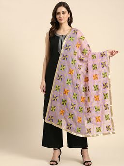 MUFFLY - Pink Chinon Phulkari Embroidered Dupatta with Golden Tape Border Dupatta