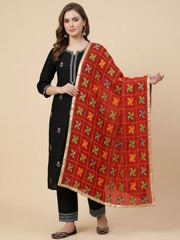 MUFFLY - Red Premium Chinon Phulkari Embroidered Dupatta with Golden Tape Border Dupatta