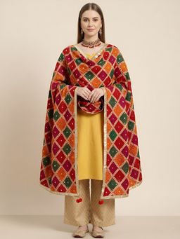 MUFFLY - Multi-Color Women Luxe Heritage Phulkari Embroidered with Mirror Work Dupatta