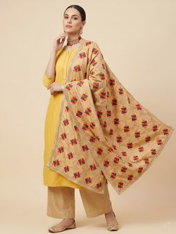 MUFFLY - Beige Women Premium Chinon Phulkari Embroidered Elegant Lace Border Dupatta