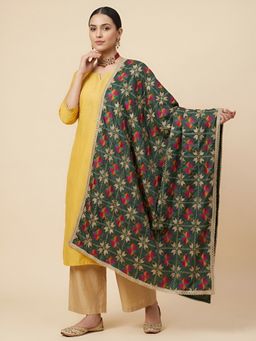 MUFFLY - Green Women Premium Chinon Phulkari Embroidered Elegant Lace Border Dupatta