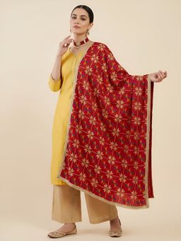 MUFFLY - Red Women Premium Chinon Phulkari Embroidered Elegant Lace Border Dupatta
