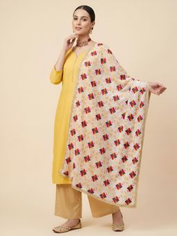 MUFFLY - White Women Premium Chinon Phulkari Embroidered Elegant Lace Border Dupatta