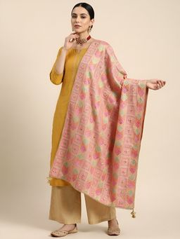 MUFFLY - Multi-Color Women Luxury Phulkari Embroidered Chinon with Golden Lace Dupatta