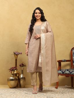 Garden VARELI - Women's Embroidered Beige Cotton Blend Straight Kurta With Pant And Dupatta