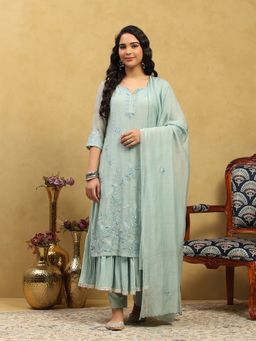 Garden VARELI - Women's Embroidered Cotton Blend Straight Kurta With Pant And Dupatta