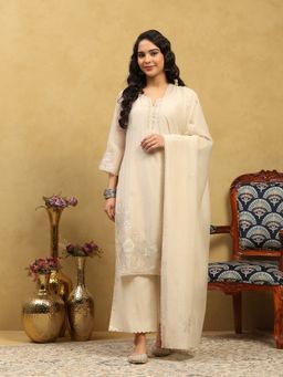 Garden VARELI - Women's Embroidered Beige Cotton Blend Straight Kurta With Pant And Dupatta