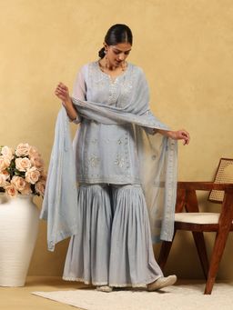 Garden VARELI - Women's Zari Embroidered Cotton A-line Kurta With Sharara And Dupatta