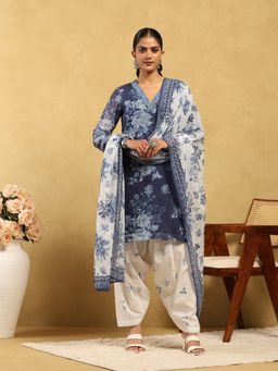 Garden VARELI - Women's Floral Printed BlueCotton Straight Kurta with Salwar And Dupatta