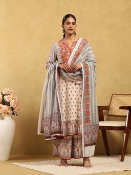Garden VARELI - Women's Beige Printed Rayon A-line Kurta With Palazzo And Dupatta