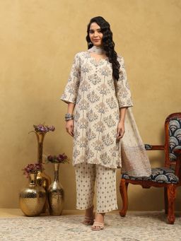 Garden VARELI - Women's Beige Printed Cream Viscose Rayon Straight Kurta With Pant And Dupatta