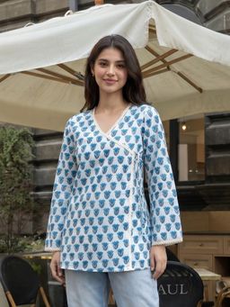 KAFTANIZE - Women Blue Floral Printed With Lace Thread Detailing Angrakha Short Kurti