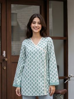 KAFTANIZE - Women Green Floral Printed With Lace Thread Detailing Angrakha Short Kurti