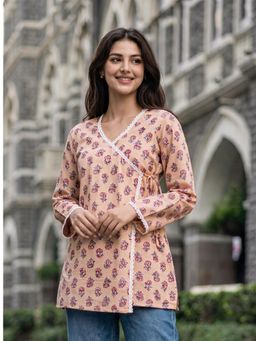 KAFTANIZE - Women Peach Floral Printed With Lace Thread Detailing Angrakha Short Kurti