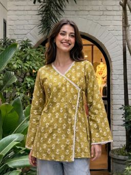 KAFTANIZE - Women Mustard Floral Printed With Lace Thread Detailing Angrakha Short Kurti
