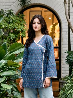 KAFTANIZE - Women Navy Blue Floral Printed With Lace Thread Detailing Angrakha Short Kurti