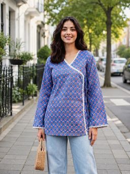 KAFTANIZE - Women Navy Blue Floral Printed With Lace Thread Detailing Angrakha Short Kurti