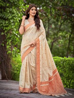 Manohari - Women's Most Satin Silk Creamy Beige Saree with Unstitched Blouse
