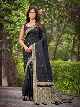 Manohari - Women's Most Satin Silk Black Saree with Unstitched Blouse