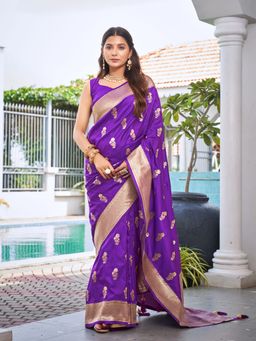 Manohari - Women's Most Satin Silk Dark Purple Saree with Unstitched Blouse