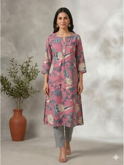 Kami Kubi - Women Pink A-Line Cotton Ethnic Floral Print Kurta