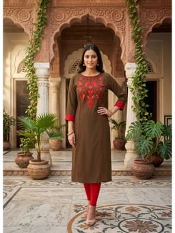 DECKEDUP - Women Rayon Slub Embroidered A-Line Brown Kurti