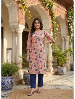 DECKEDUP - Women Pink Cotton Printed Casual Straight Kurta